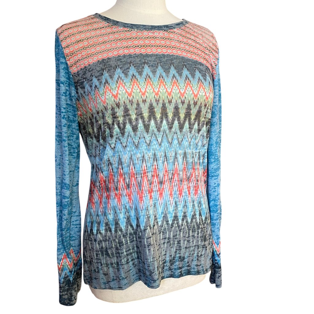 Prana Lottie Burnout Long Sleeve Shirt Chevron Hike Organic Athleisure Boho-Xl